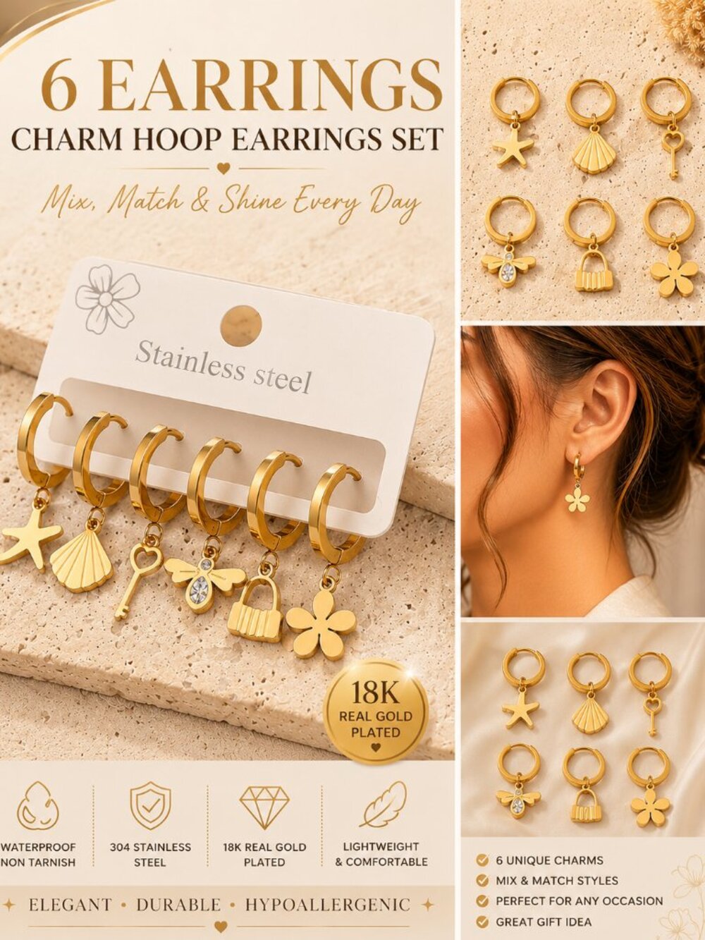 18K Gold Plated Ocean Charm Hoop Earrings Set | Starfish Shell Water Drop Rhines
